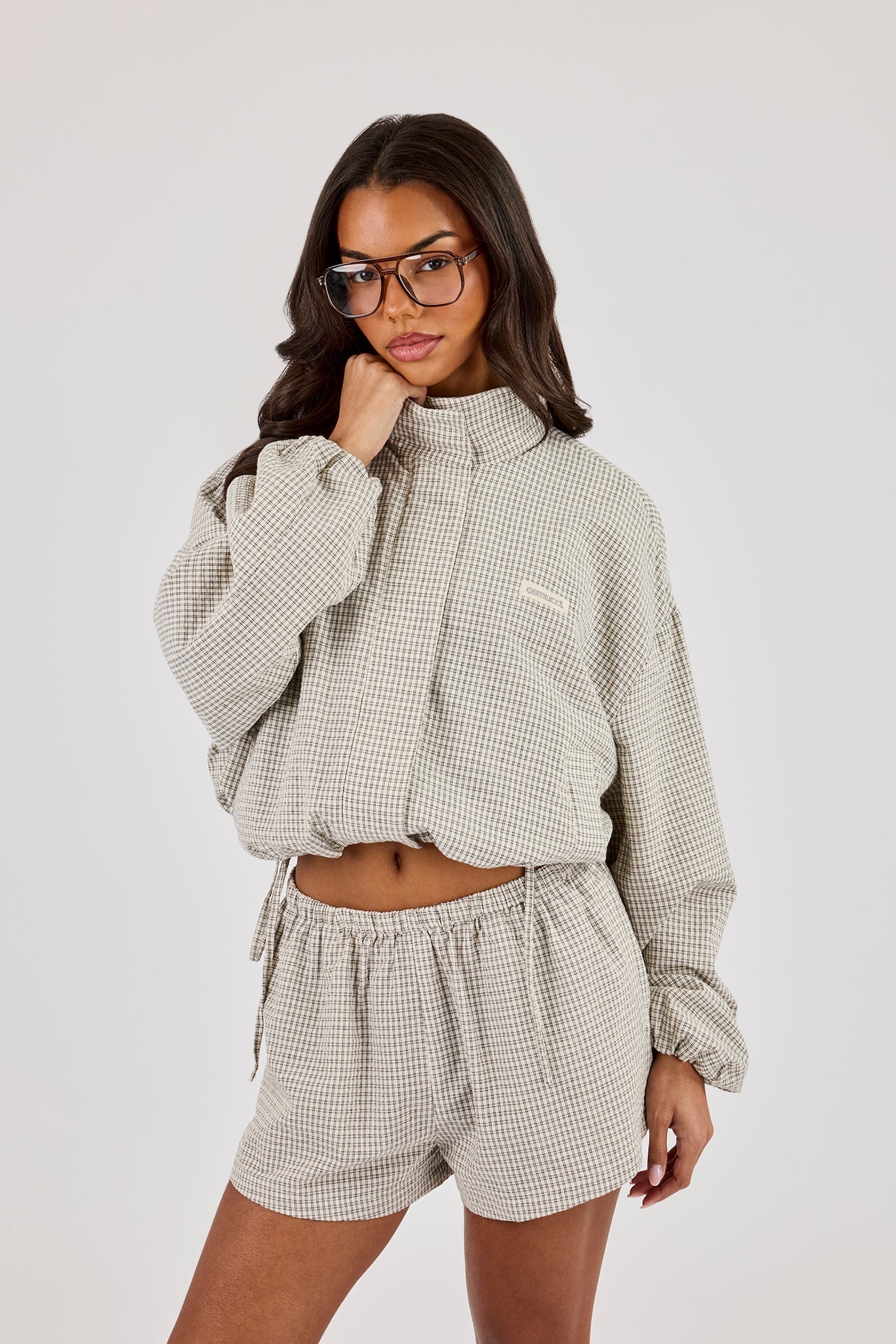 Check Twill Funnel Neck Jacket - Off White